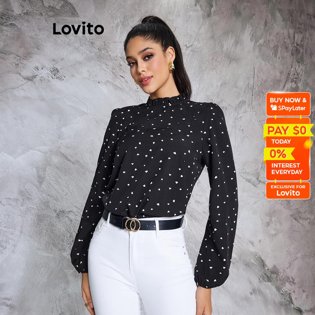 Lovito Elegant Polka Dot Ruffle Neck Water Drop Blouse For Women