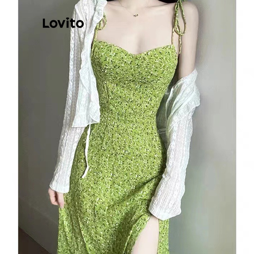 Lovito Casual Ditsy Floral Structure Line Ruffle Split Front Dress For