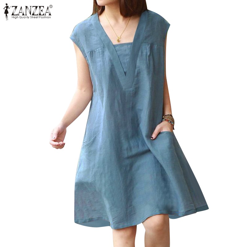 ZANZEA Women Korean Fashion Loose Solid Short Sleeve Pleated Pockets