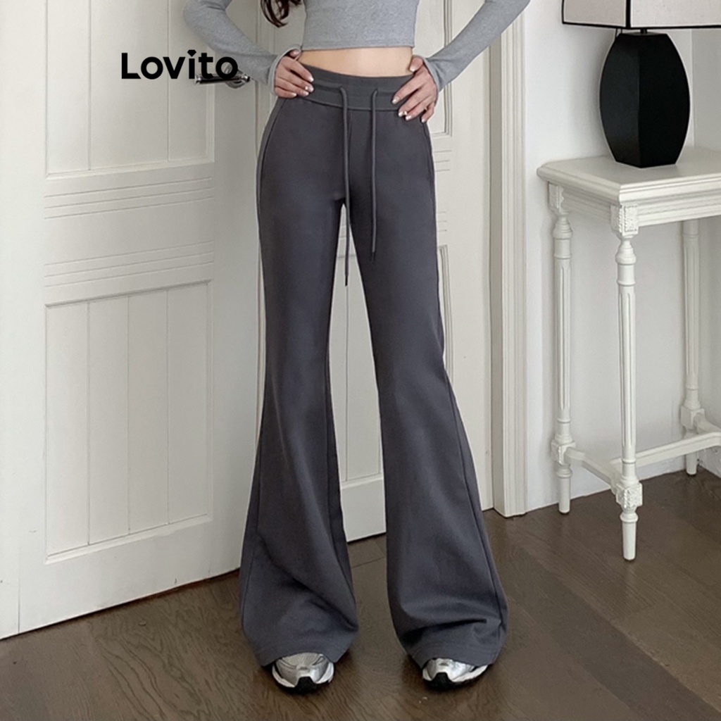 Lovito Casual Plain Drawstring Pocket Pants For Women Lne Grey