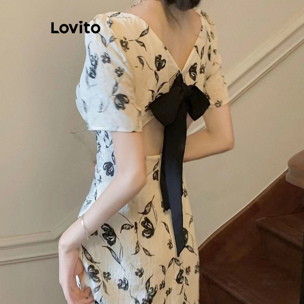 Lovito Elegant Ditsy Floral Colorblock Cut Out Puff Sleeve Dress For