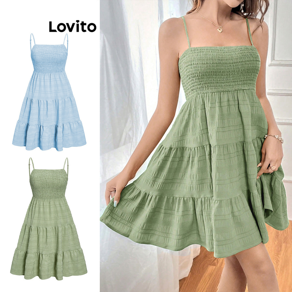 Lovito Boho Plain Smocked Double Layer Dress For Women L Ed Multi