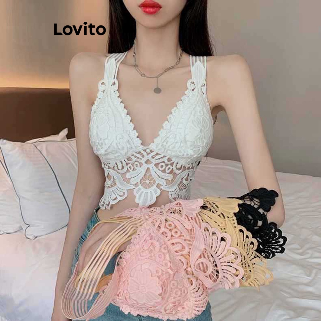 Lovito Casual Plain Lace Criss Cross Backless Bralette For Women