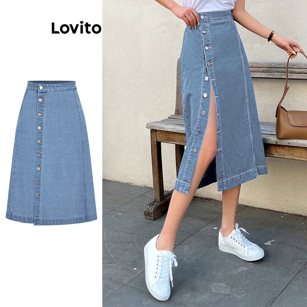 Lovito Casual Plain Asymmetrical Spiked Structure Line Denim Skirts For