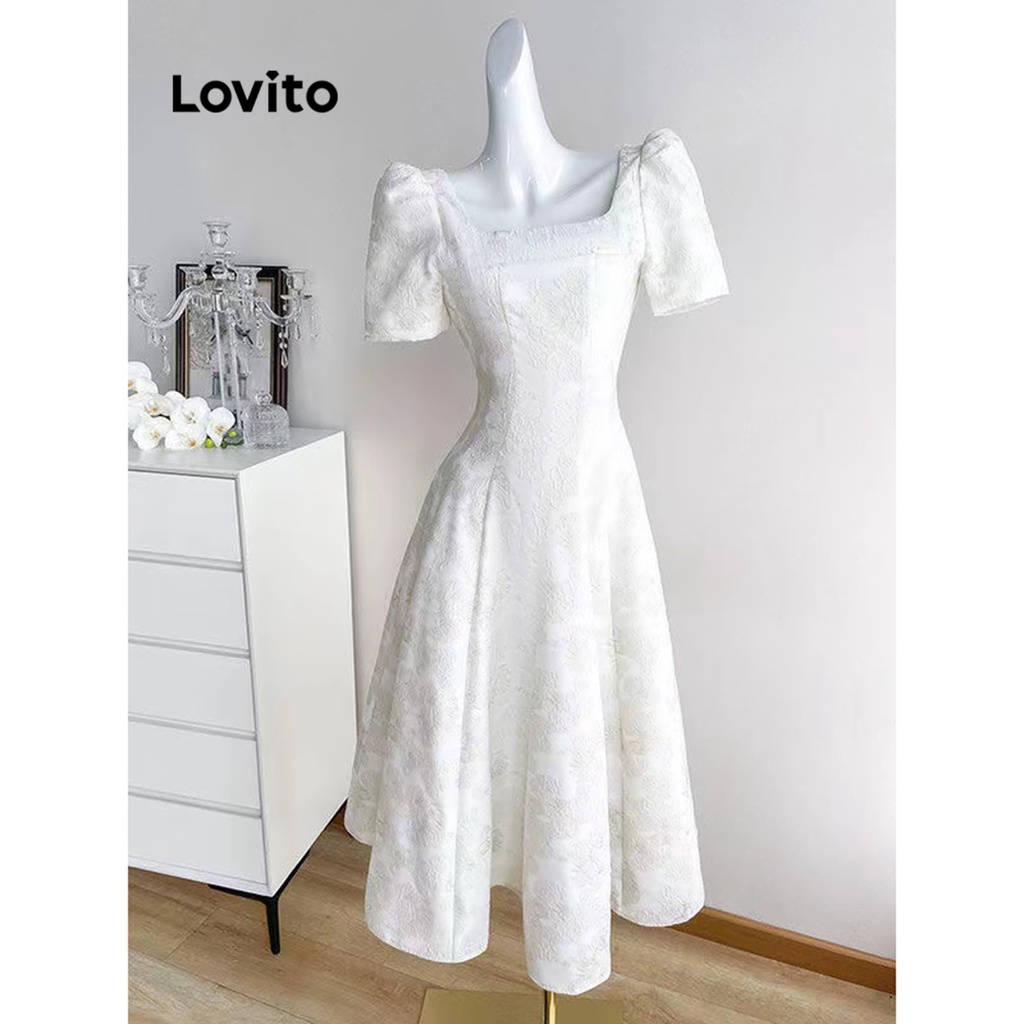 Lovito Elegant Plain Square Neck Dress For Women Lne White