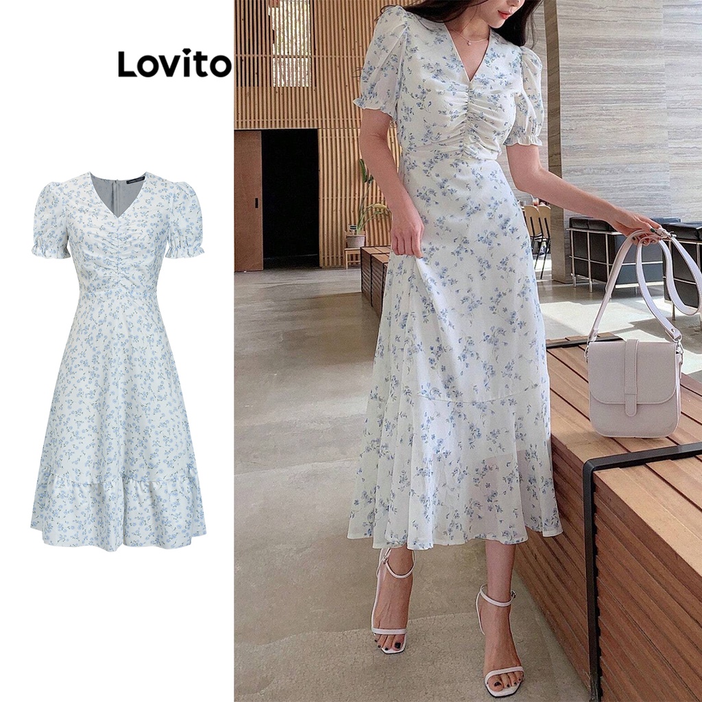 Lovito Boho Ditsy Floral Ruched Ruffle Hem Dress For Women L71ED181