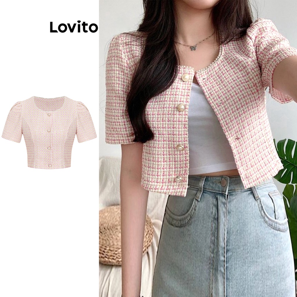 Lovito Casual Plain Pearls Button Front Tweed Jackets For Women