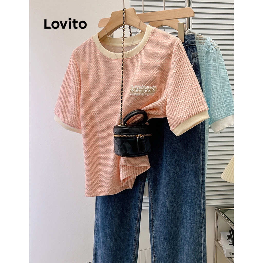 Lovito Casual Plain Colorblock Fake Pocket Blouse For Women Lne