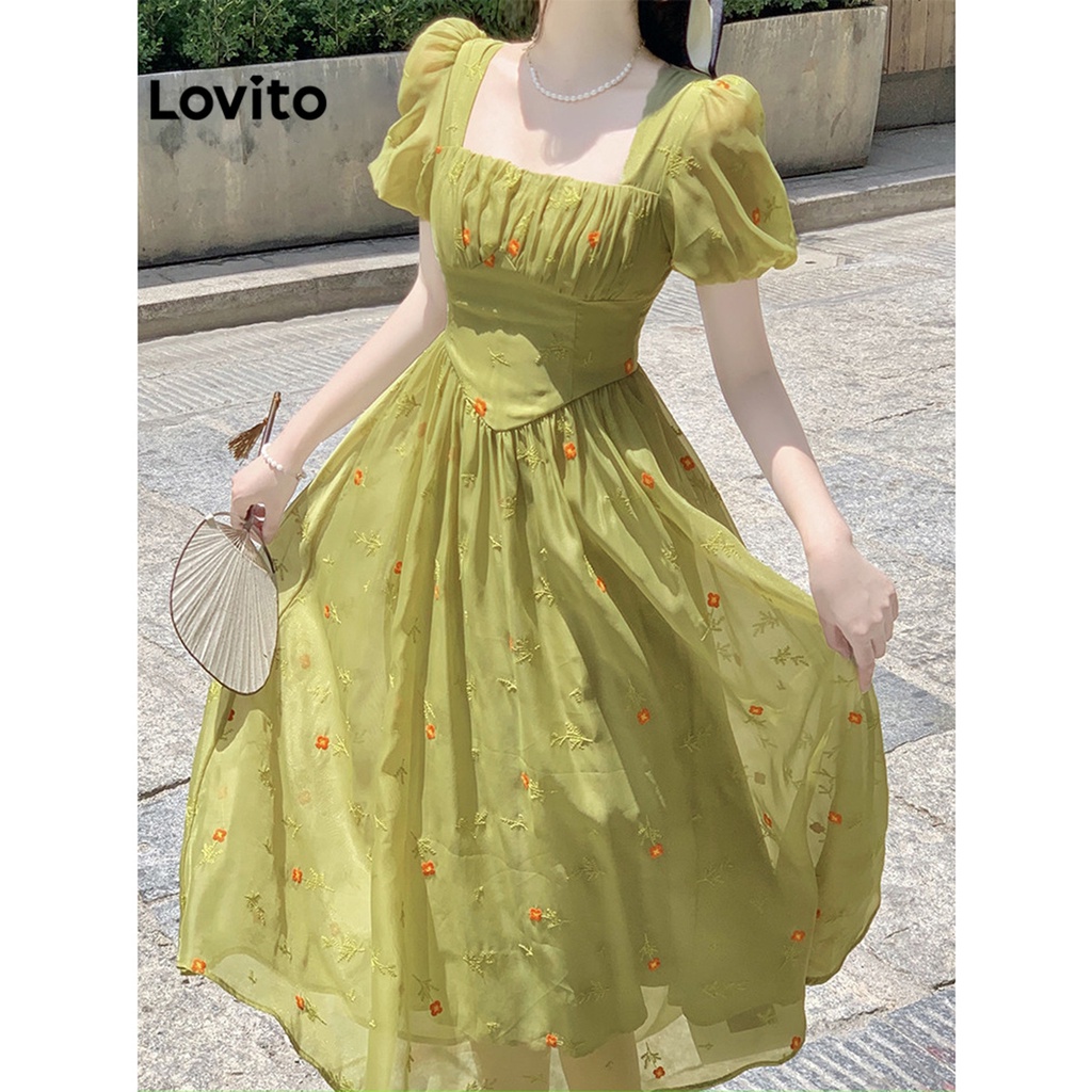 Lovito Boho Floral Ruched Embroidery Puff Sleeve Dress For Women