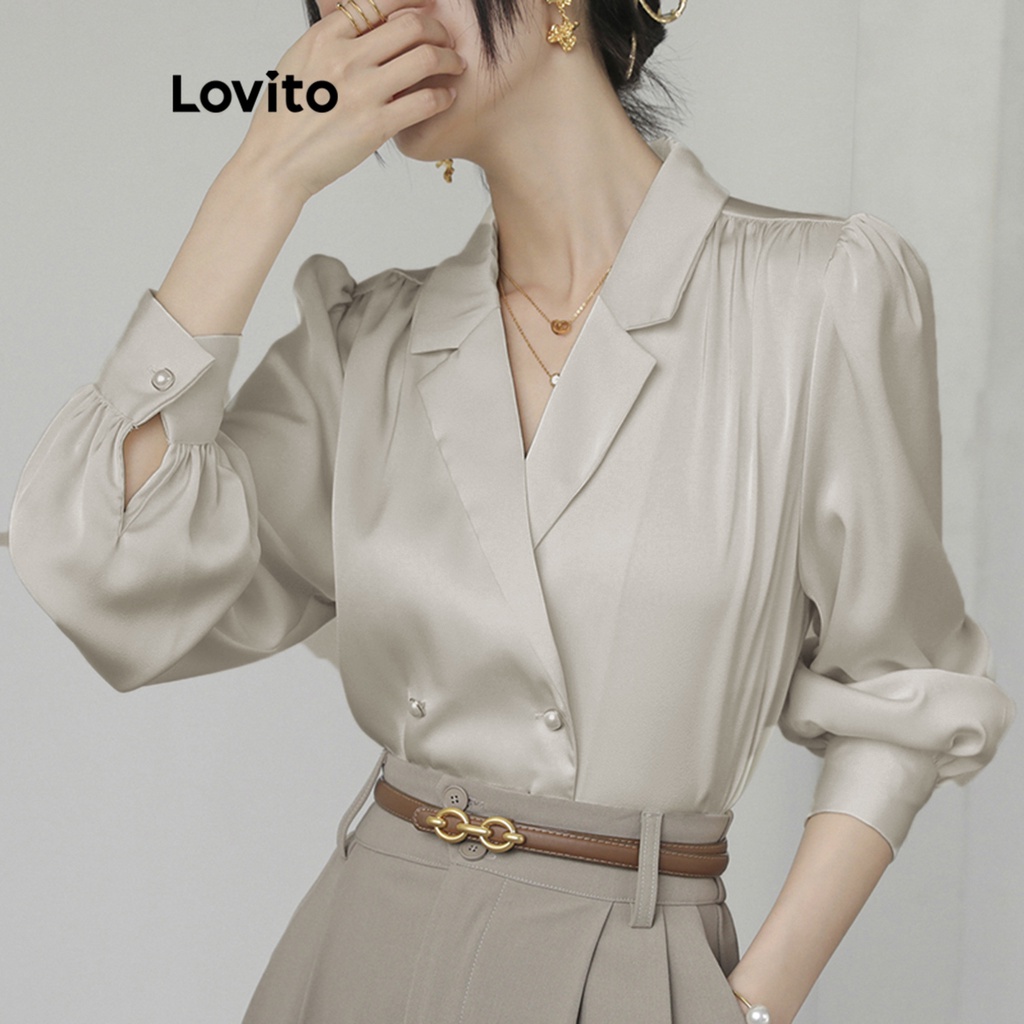 Lovito Casual Plain Double Button Blouse For Women LNA34149 Apricot