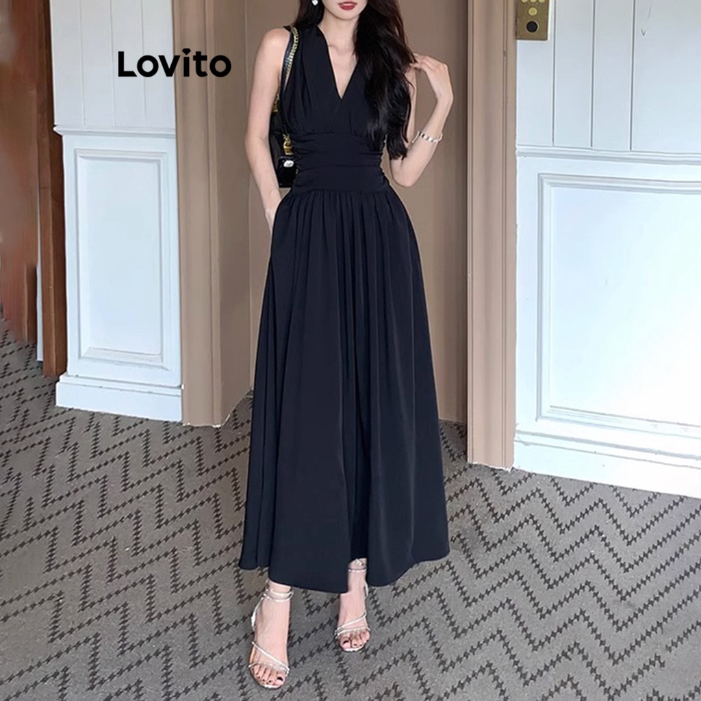 Lovito Elegant Plain Ruched Dress For Women Lne Black Shopee