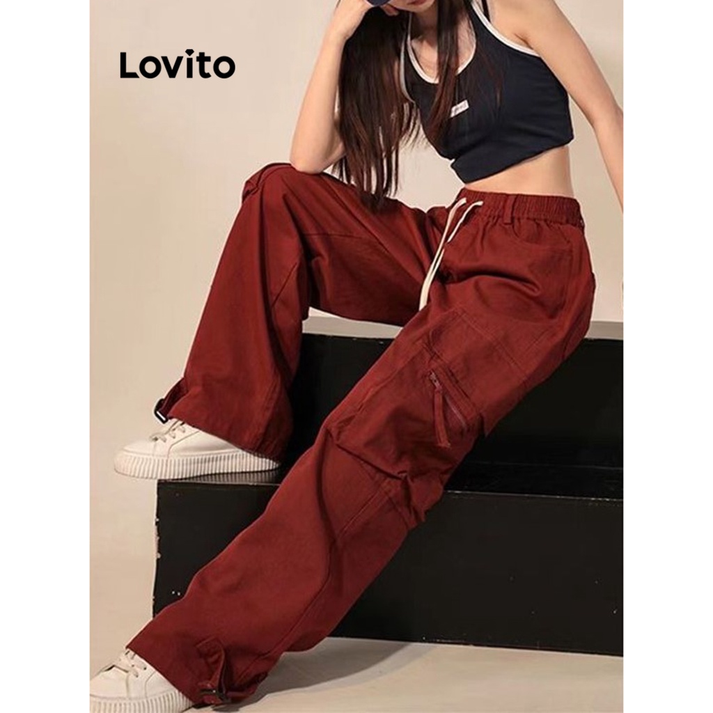 Lovito Casual Plain Drawstring Pocket Pants For Women LNA21135 Red