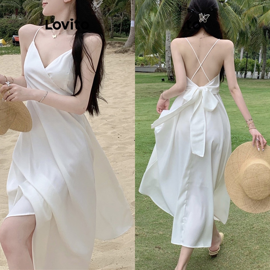 Lovito Casual Plain Bow Back Criss Cross Backless Dress For Women