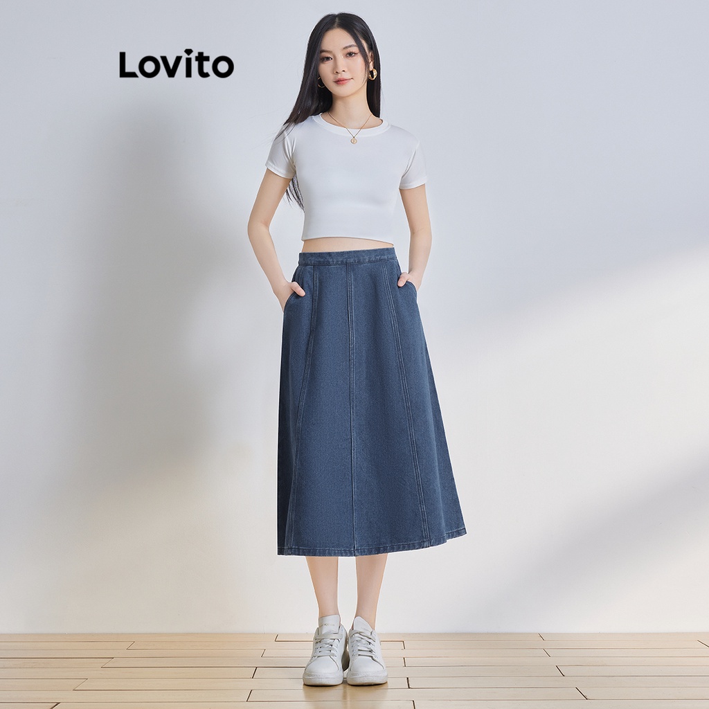 Lovito Casual Plain Structure Line Pocket Denim Skirts For Women