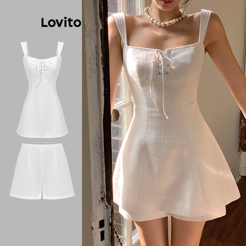 Lovito Casual Plain Lace Up Backless Short Sets For Women L71ED115