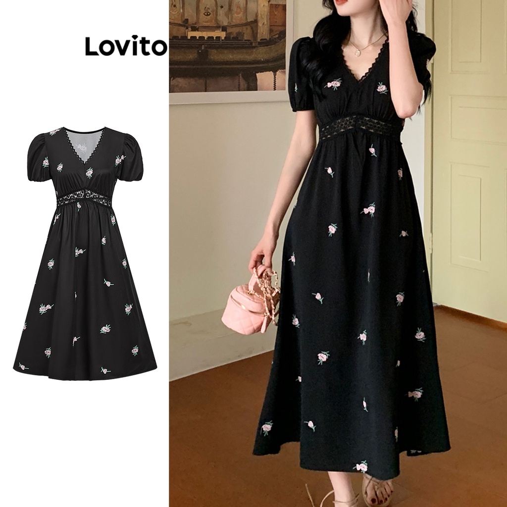 Lovito Casual Ditsy Floral Pattern Lace Dress For Women L74ED322