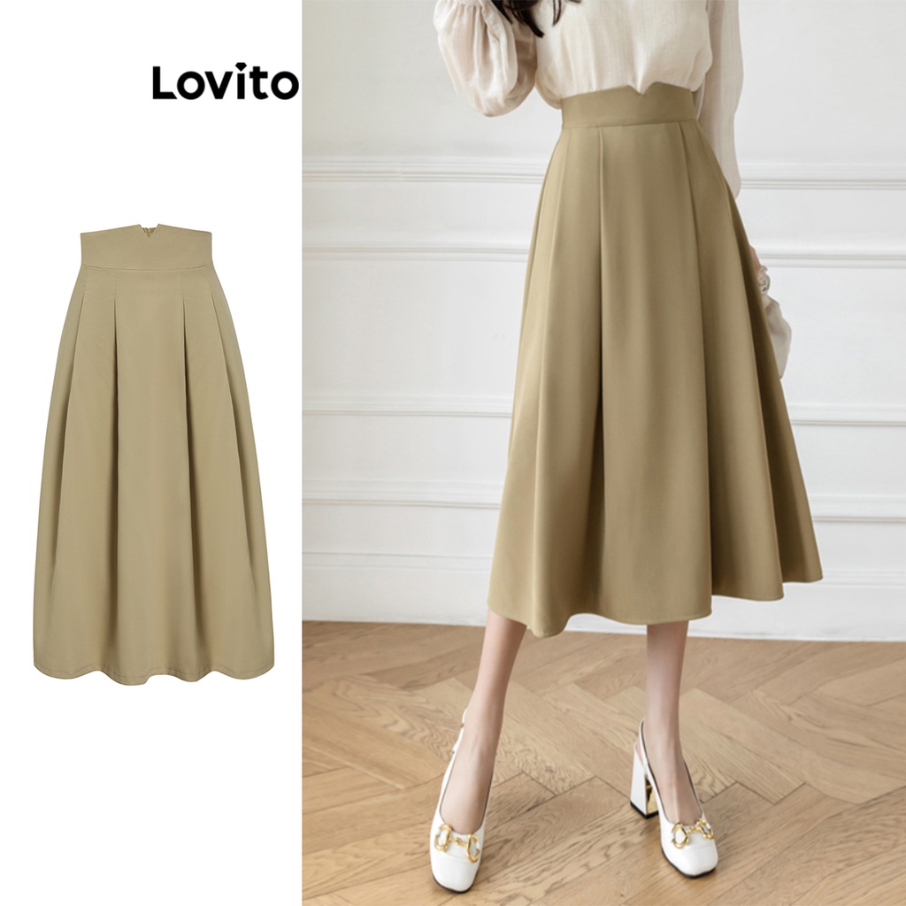 Lovito Casual Plain Pleated Skirts For Women L Ed Khaki Shopee