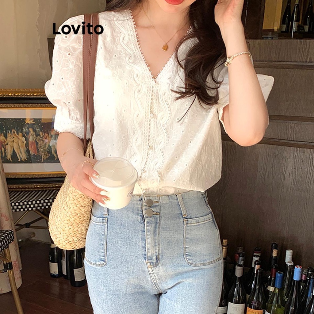 Lovito Casual Plain Button Front Pearls Embroidery Blouse For Women