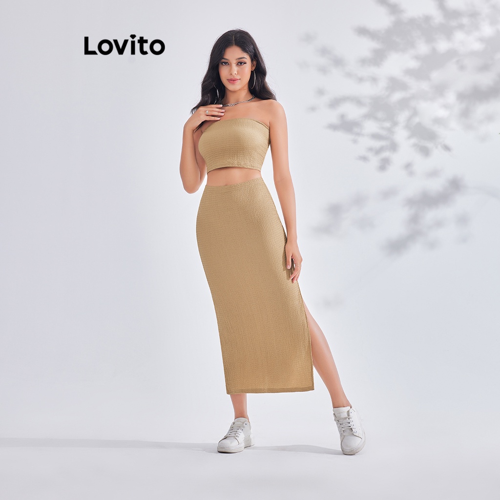 Lovito Casual Plain Split Front Skirt Set For Women LBE03038 Brown