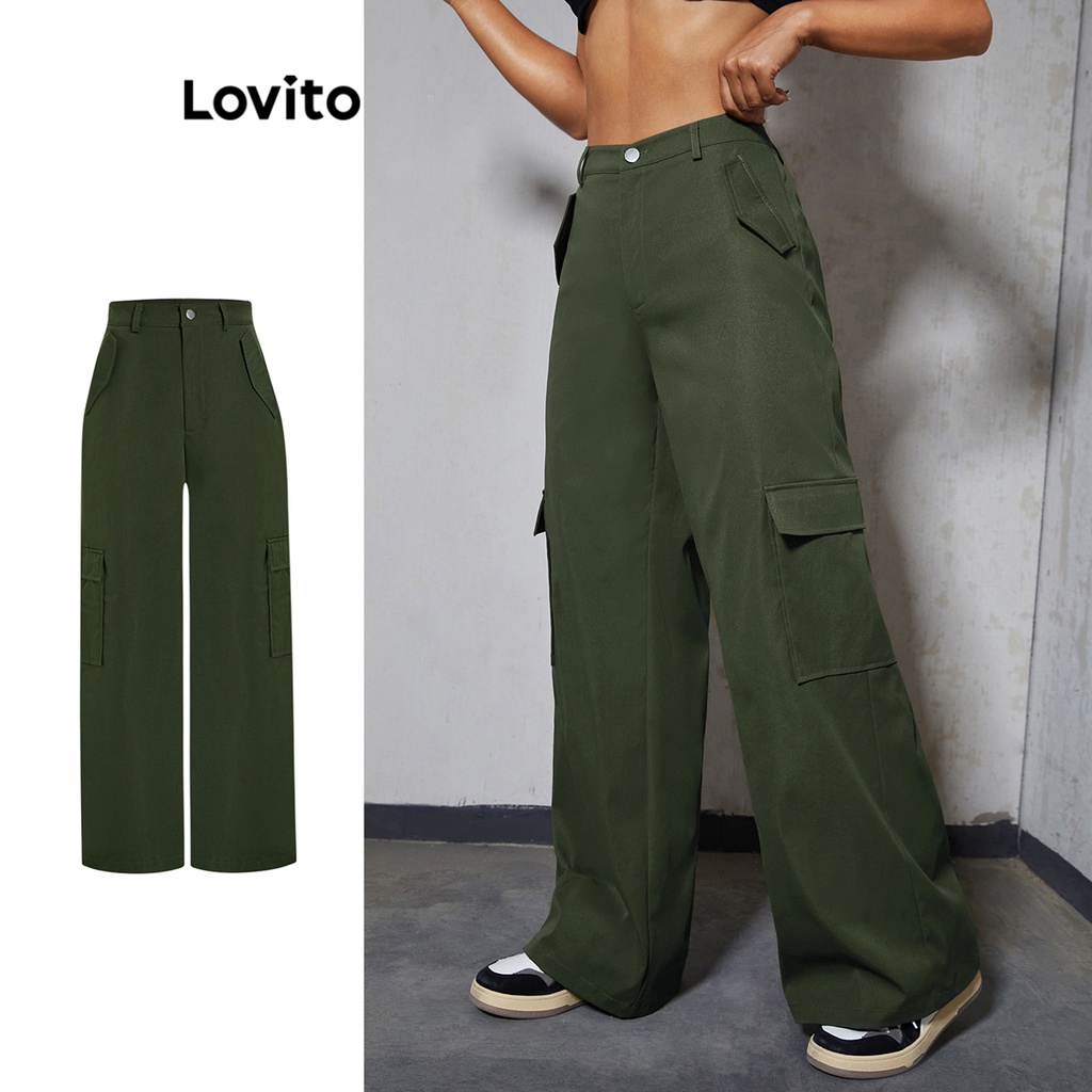 Lovito Casual Plain Pocket Pants For Women LBA05032 Army Green