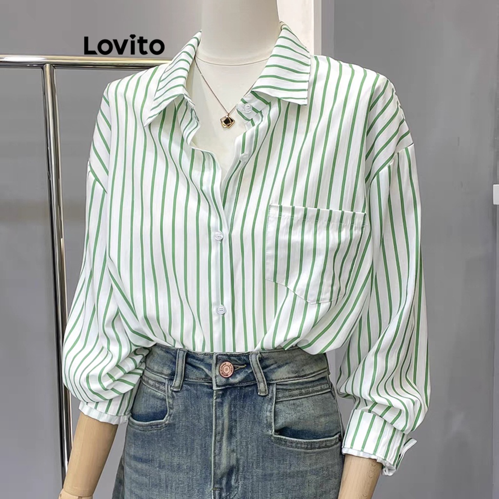 Lovito Casual Striped Button Front Blouse For Women LNE20170 Green