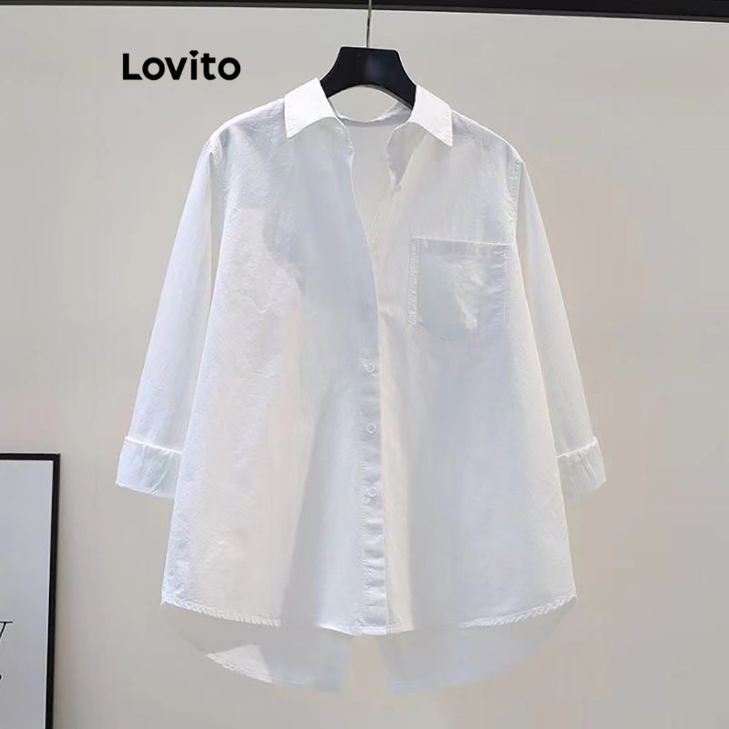 Lovito Casual Plain Button Front Structure Line Blouse For Women