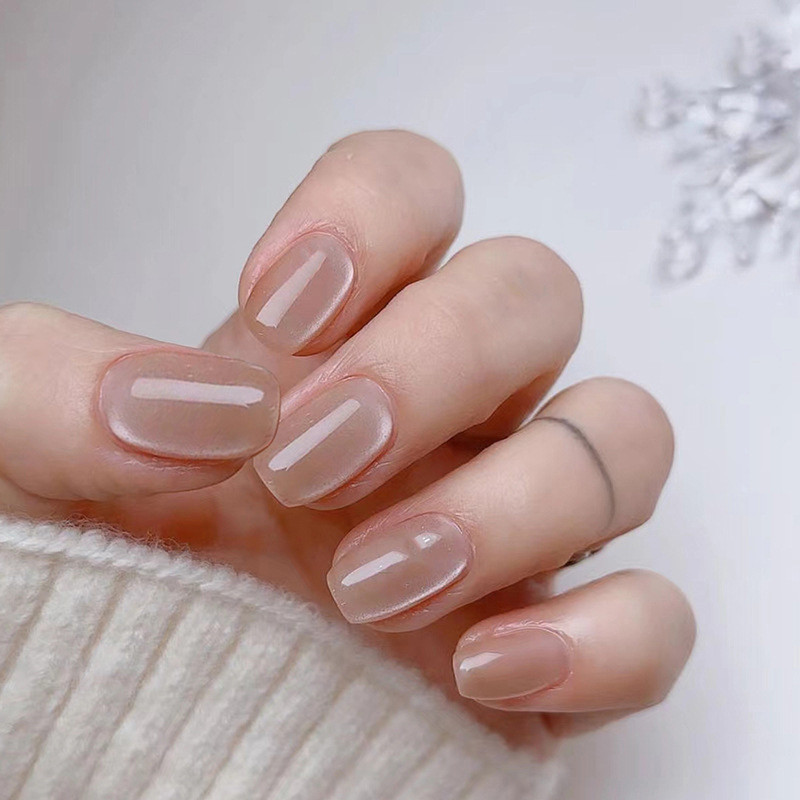 Naked Color Cat Eyes Crystal Fake Nails Shiny Wearable Short False