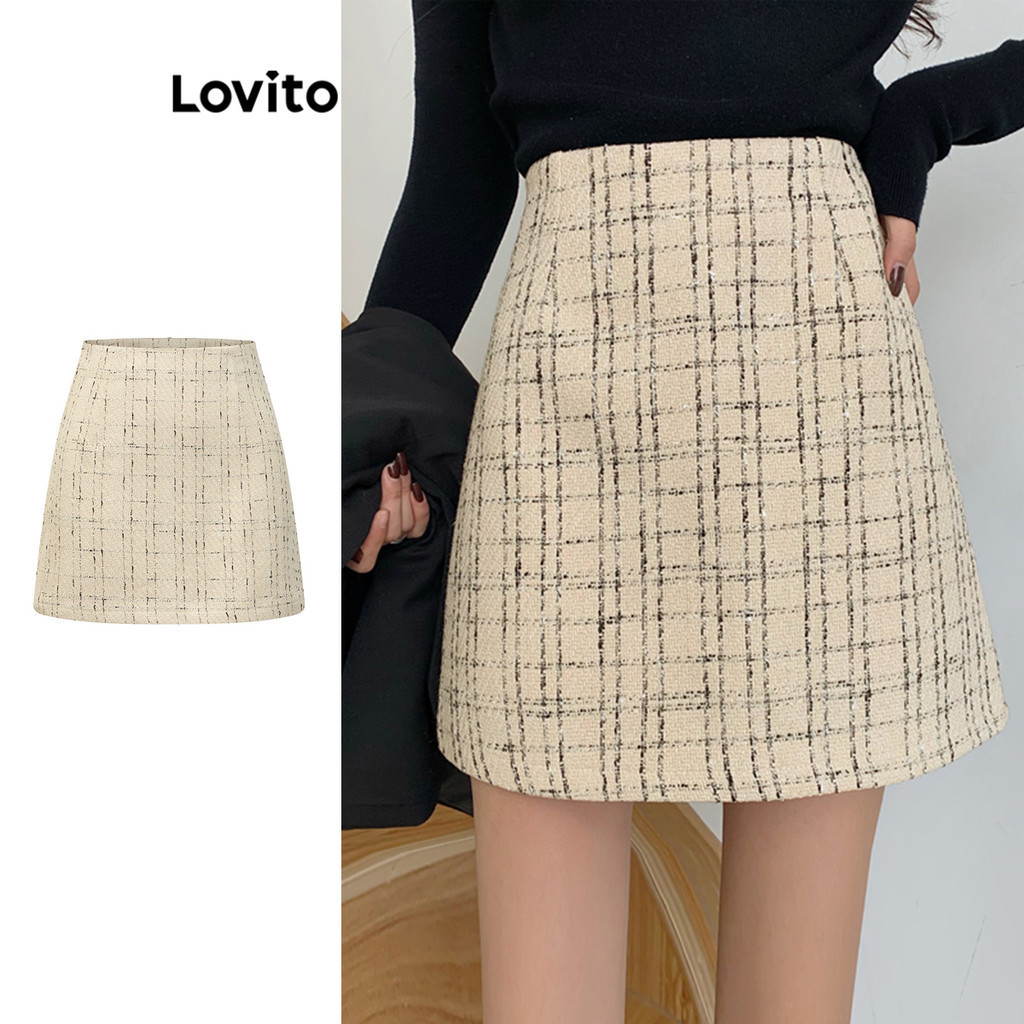 Lovito Casual Plain Basic Skirts For Women L70AD063 Off White Black