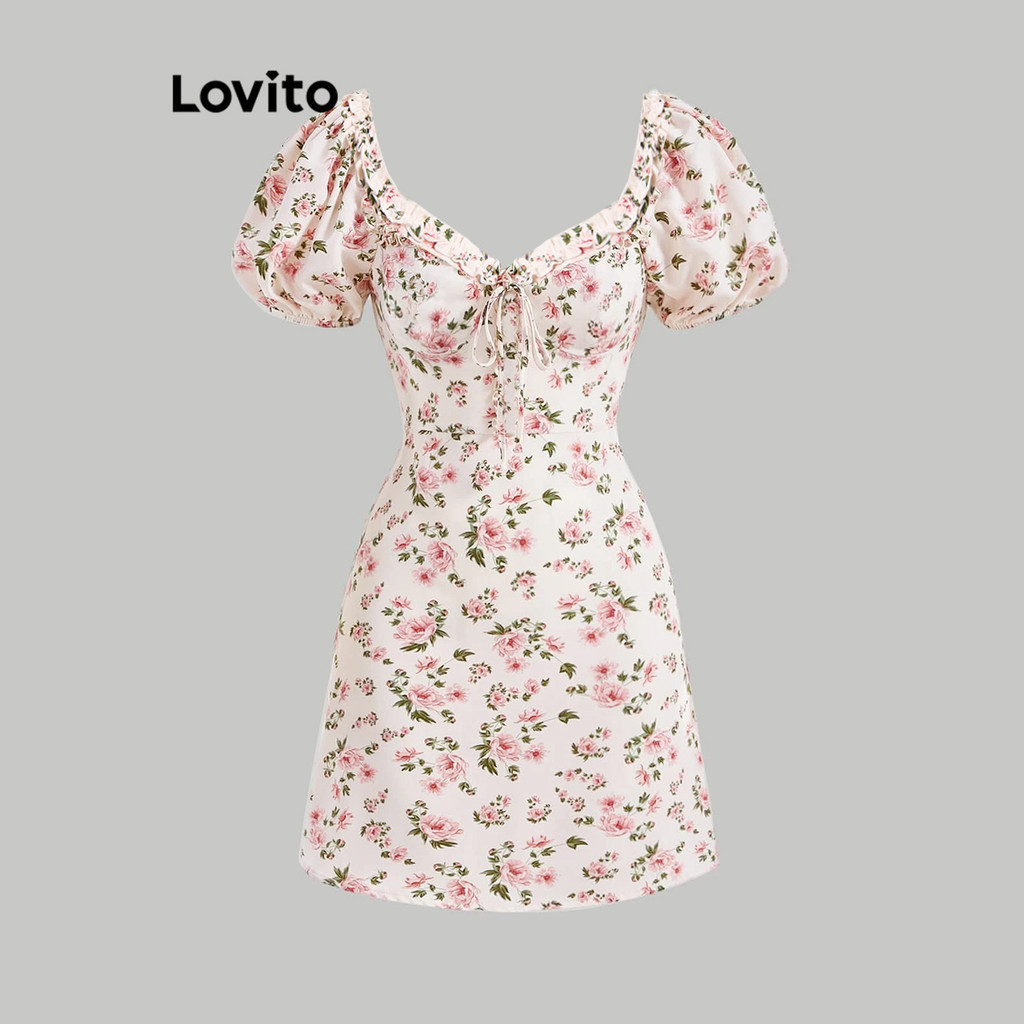 Lovito Casual Floral Lettuce Trim Tie Front Puff Sleeve Dress For Women