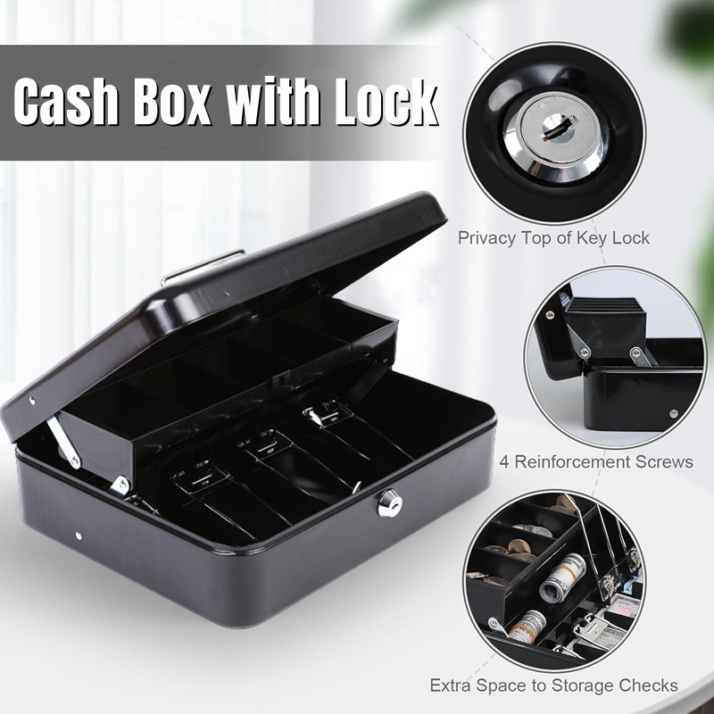 Metal Petty Cash Box Handle Tray Safe Money Coins Bill Key Security