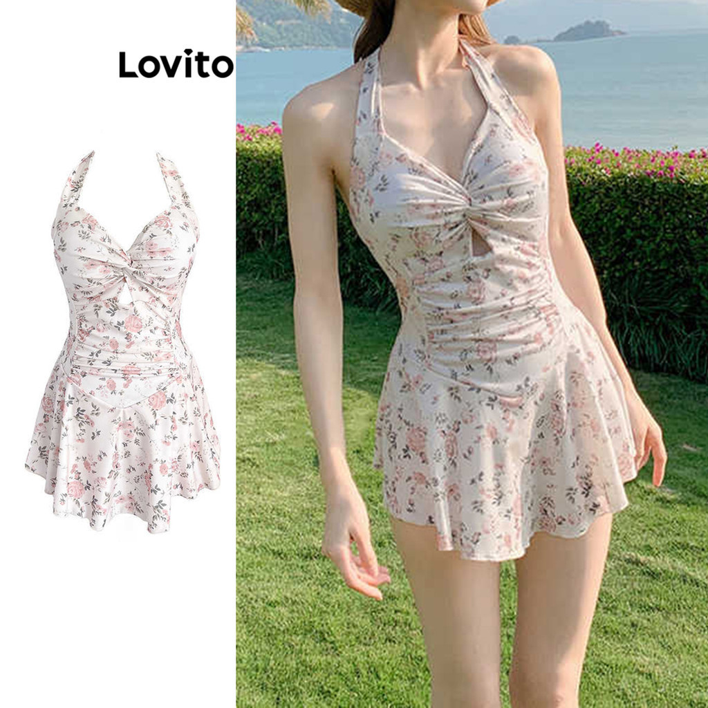 Lovito Casual Ditsy Floral Twist Cut Out Flowers One Pieces For Women