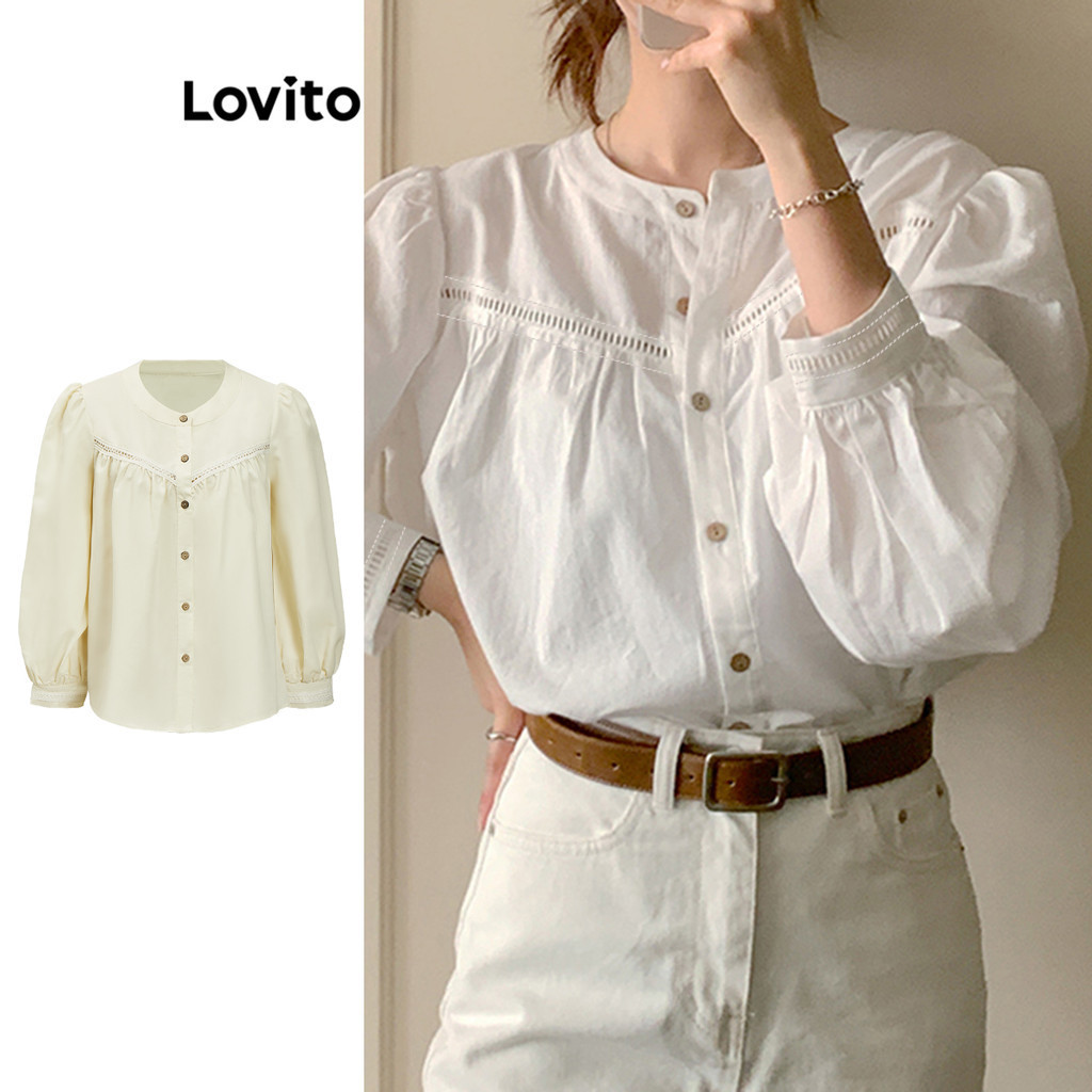 Lovito Casual Plain Button Front Appliques Blouse For Women LNE26067