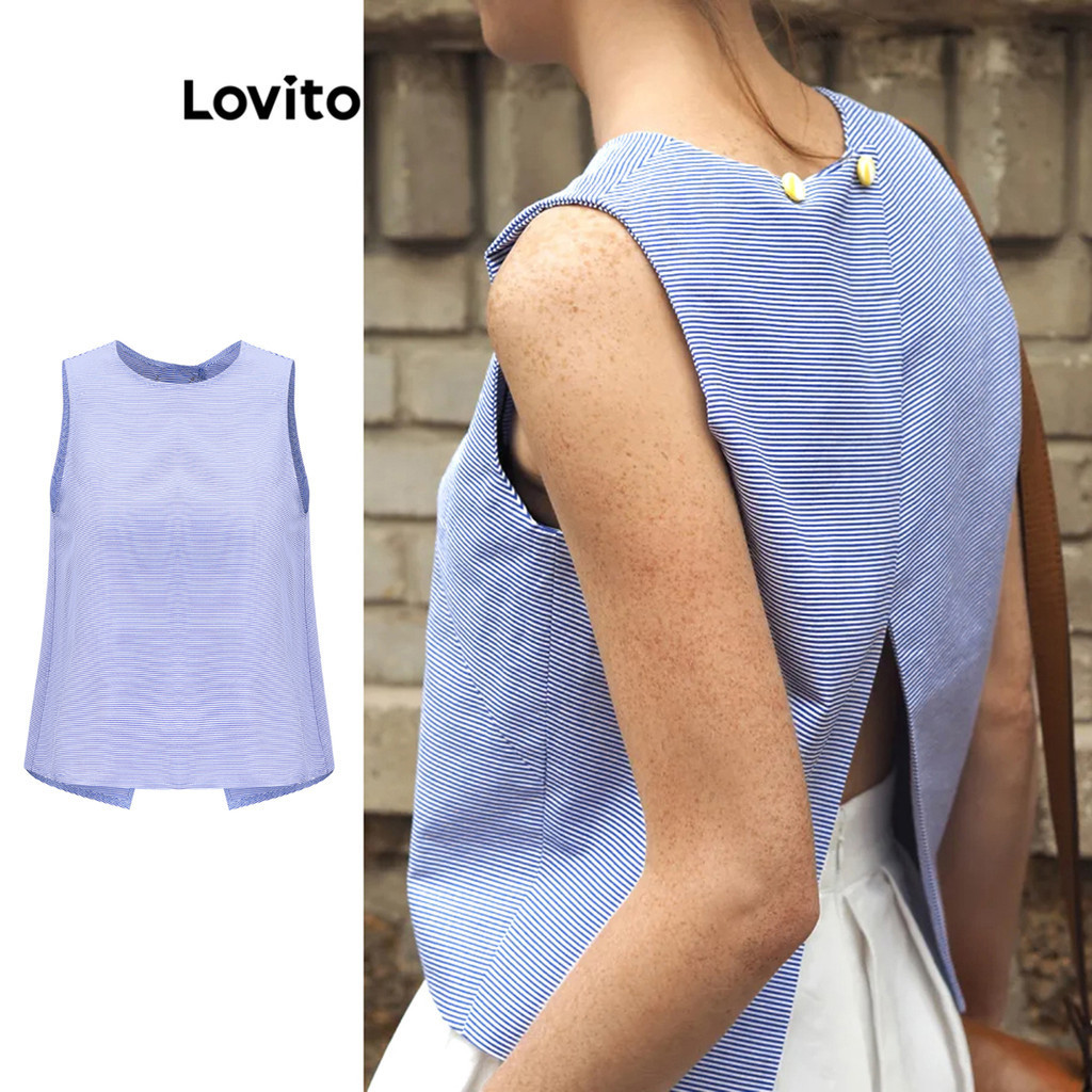 Lovito Casual Plain Split Back Pattern Tank Top For Women L Ed