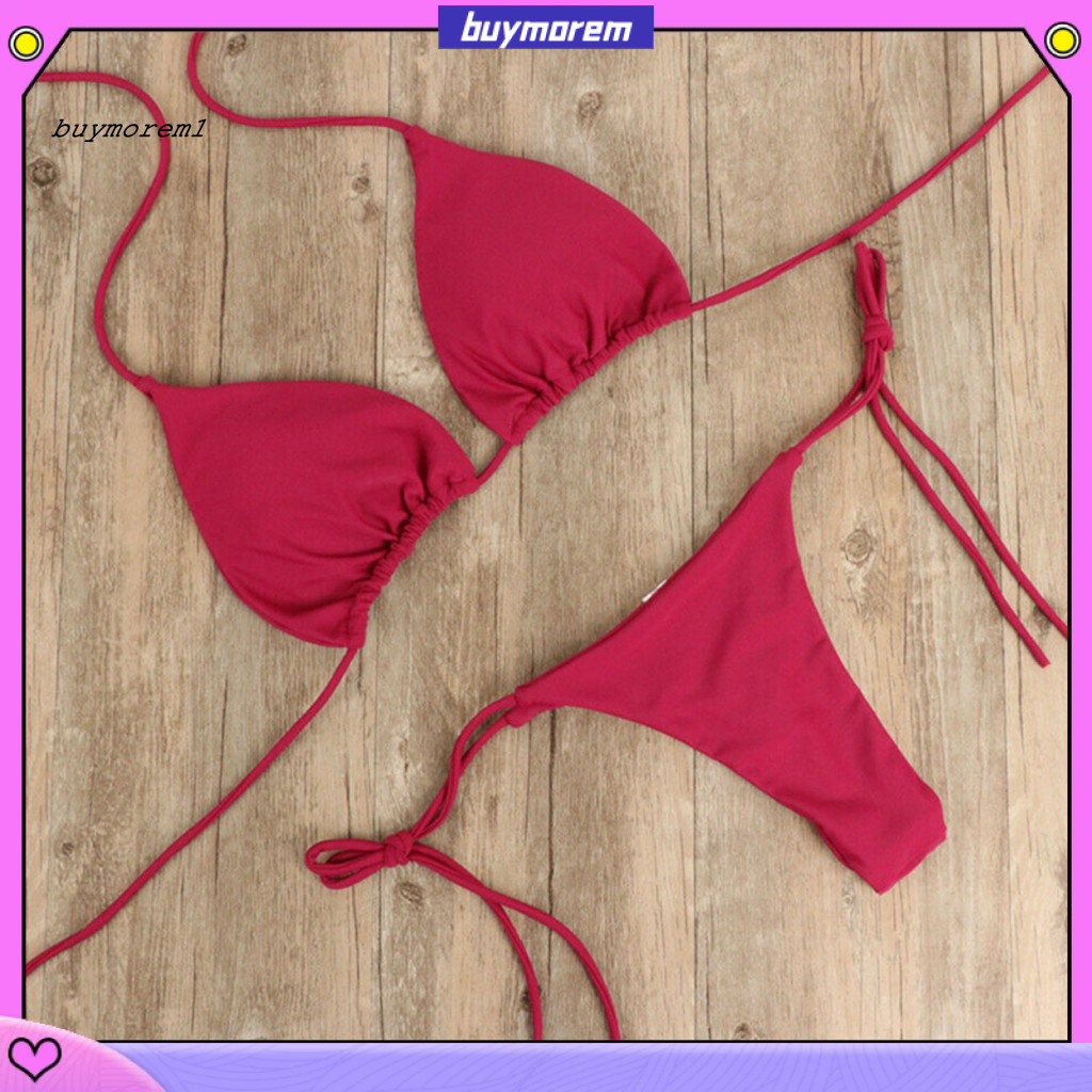 BUYMEZ 2 Pcs Set Bikini Set Solid Color Halter Neck Strap Thong Women