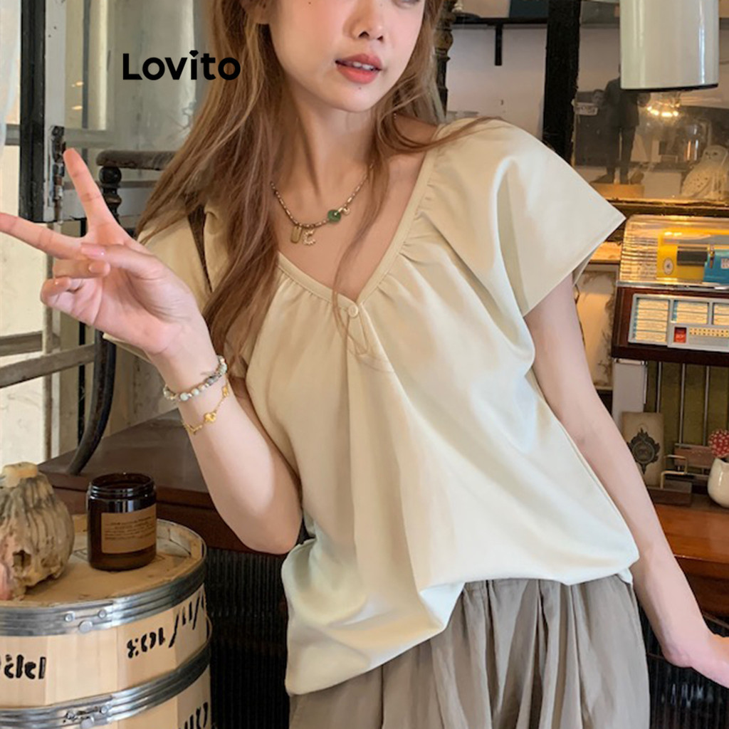 Lovito Casual Plain Frill Blouse For Women LNE52233 Shopee Singapore