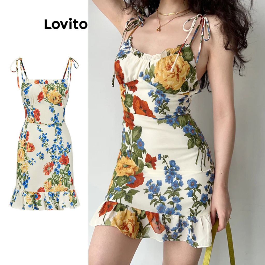 Lovito Casual Floral Ruffle Hem Bow Lace Up Dress For Women L88AD274