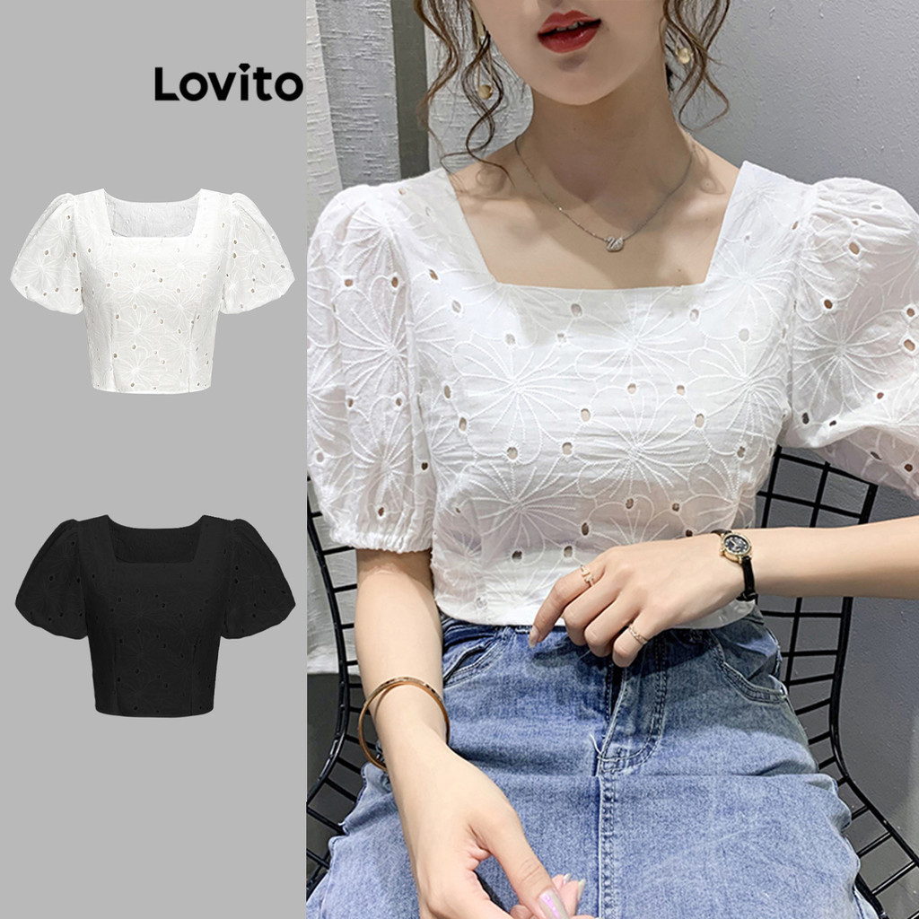 Lovito Casual Plain Eyelet Embroidery Ruched Blouse For Women L Ed