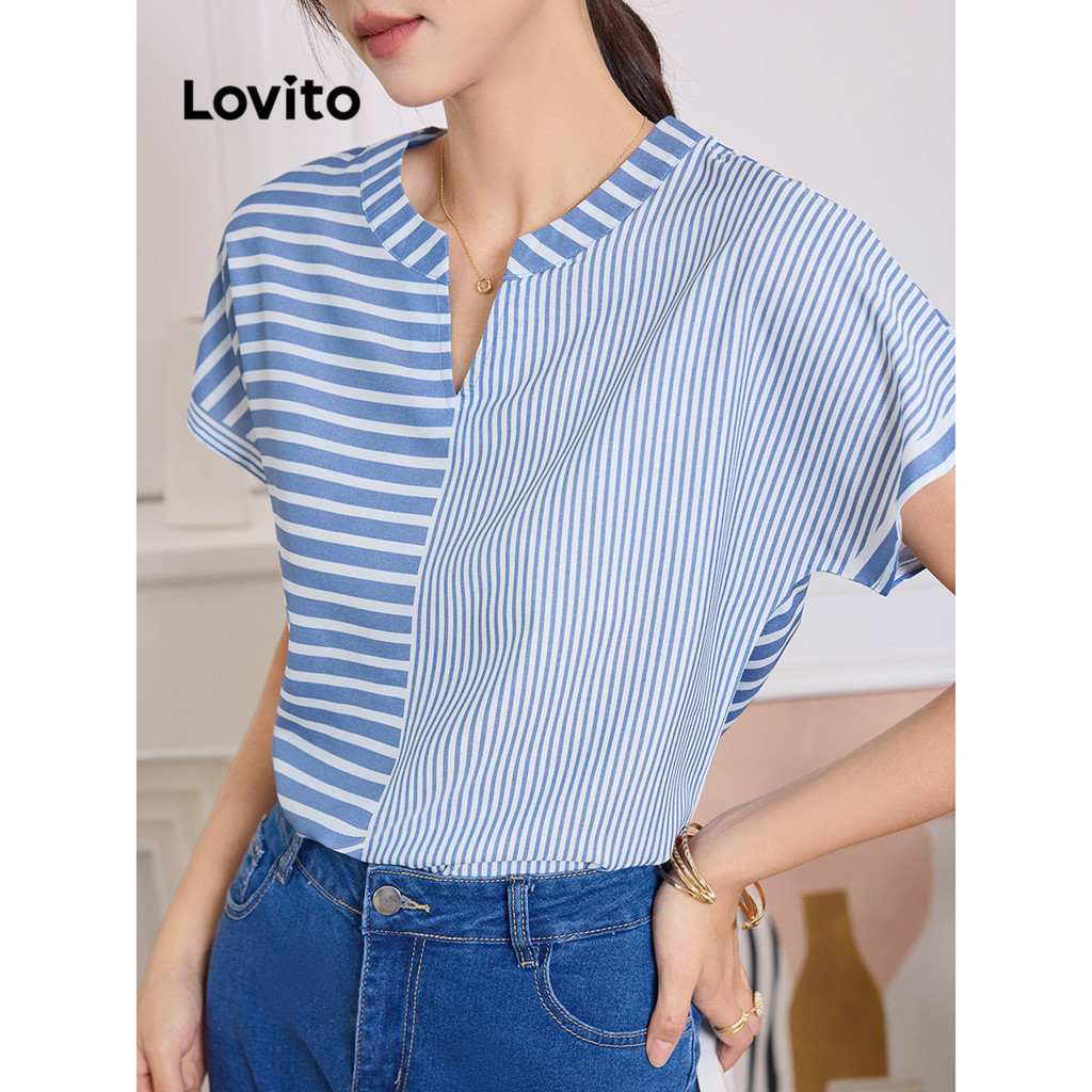 Lovito Casual Striped Colorblock Blouse For Women L Ad Shopee