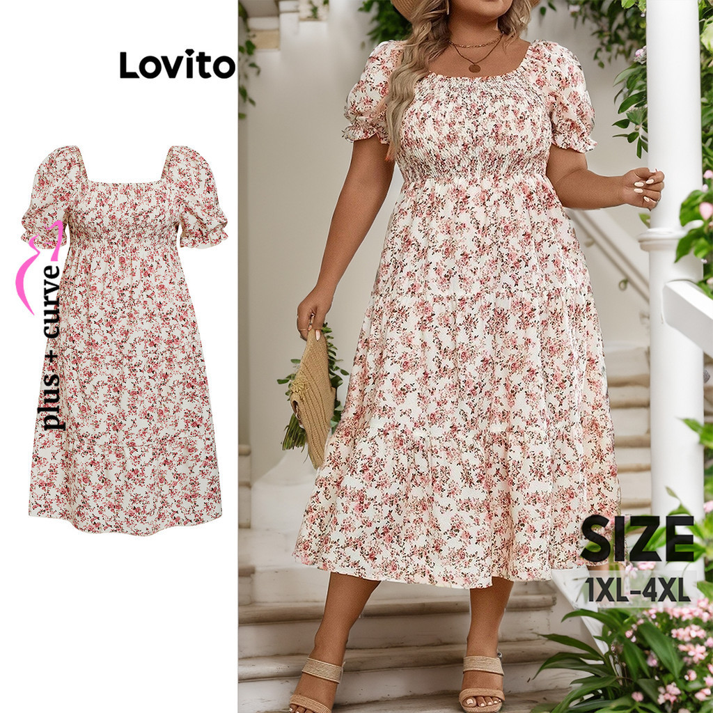 Lovito Plus Size Curve Boho Ditsy Floral Pleated Tiered Layer Ruffle