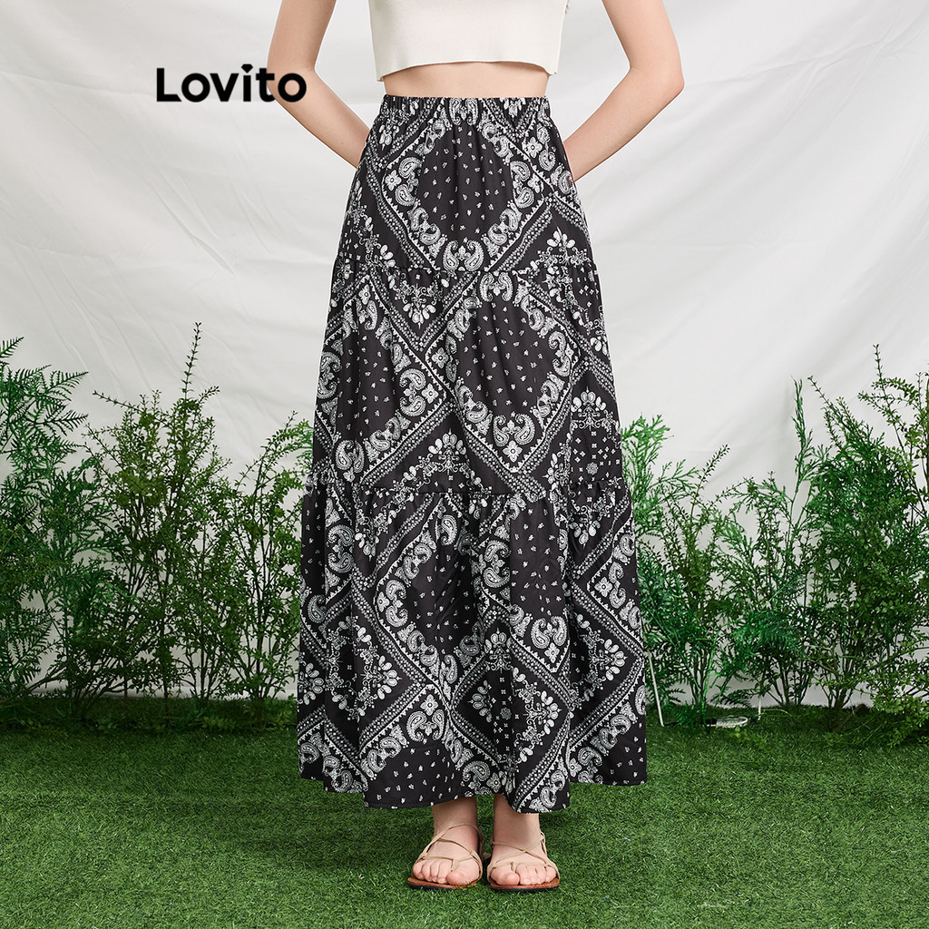 Lovito Boho Geometric Pattern Ruched Skirts For Women L86ED456 Shopee