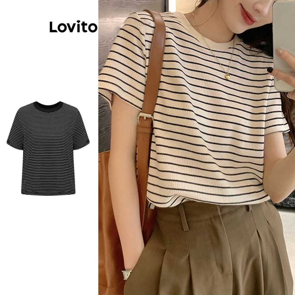 Lovito Casual Striped Round Neck Short Sleeves T Shirt For Women