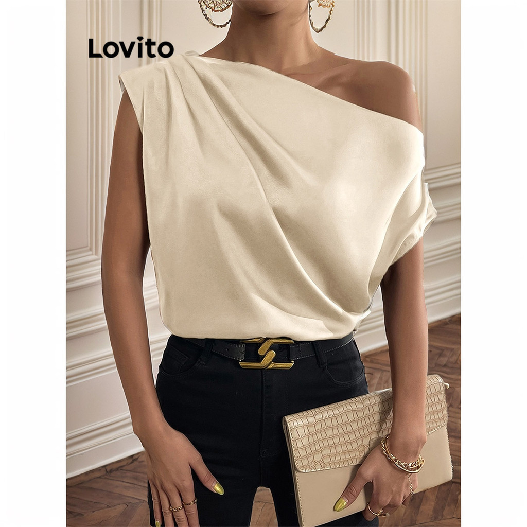 Lovito Elegant Plain Asymmetrical Ruched Blouse For Women Lbe