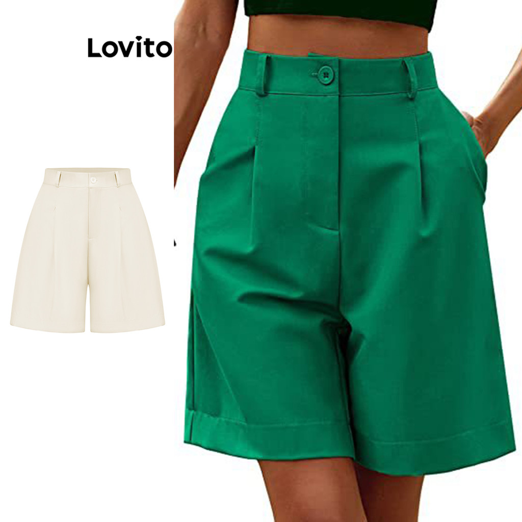 Lovito Casual Plain Pocket Pleated Shorts For Women LNL43146 Multi