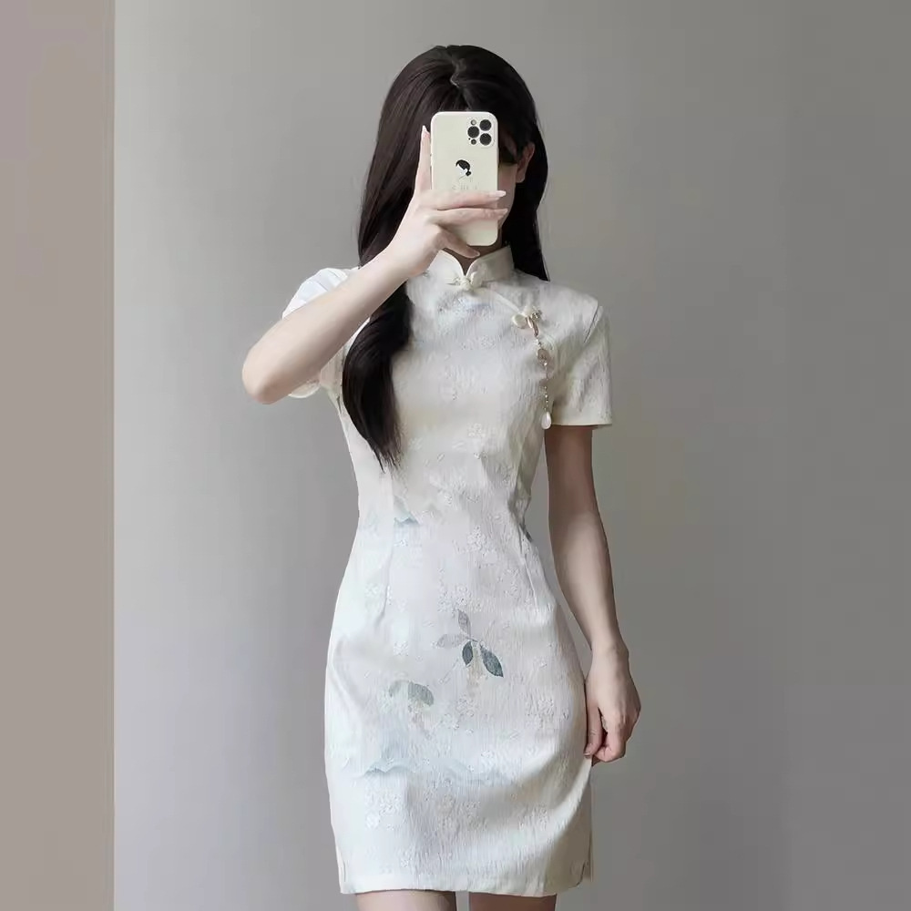 New Beige Chinese Style Cheongsam Dress Women Vintage Floral Short