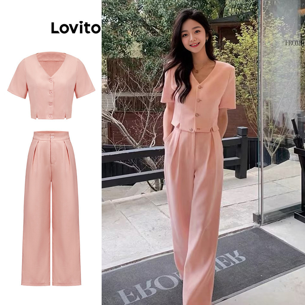 Lovito Elegant Plain Split Front Button Pants Sets For Women L Ad