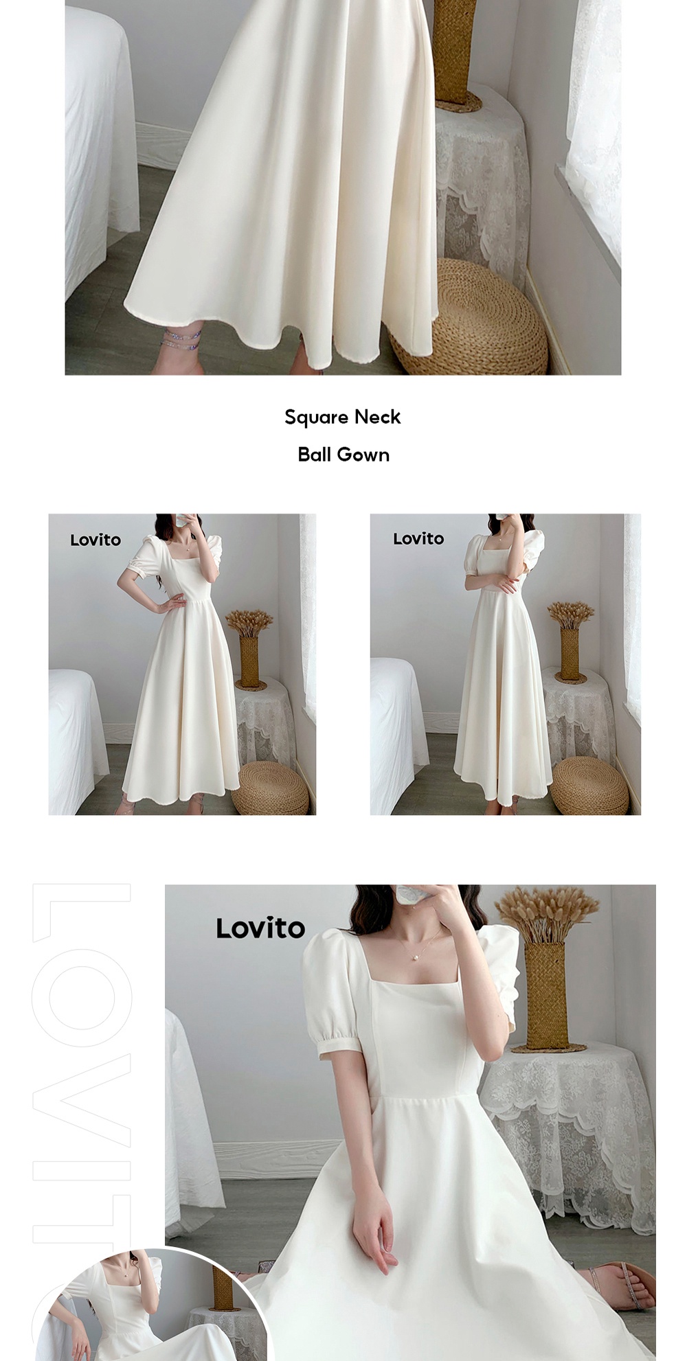 Lovito Elegant Plain Frill Pocket Ball Gown Square Neck Dress For Women