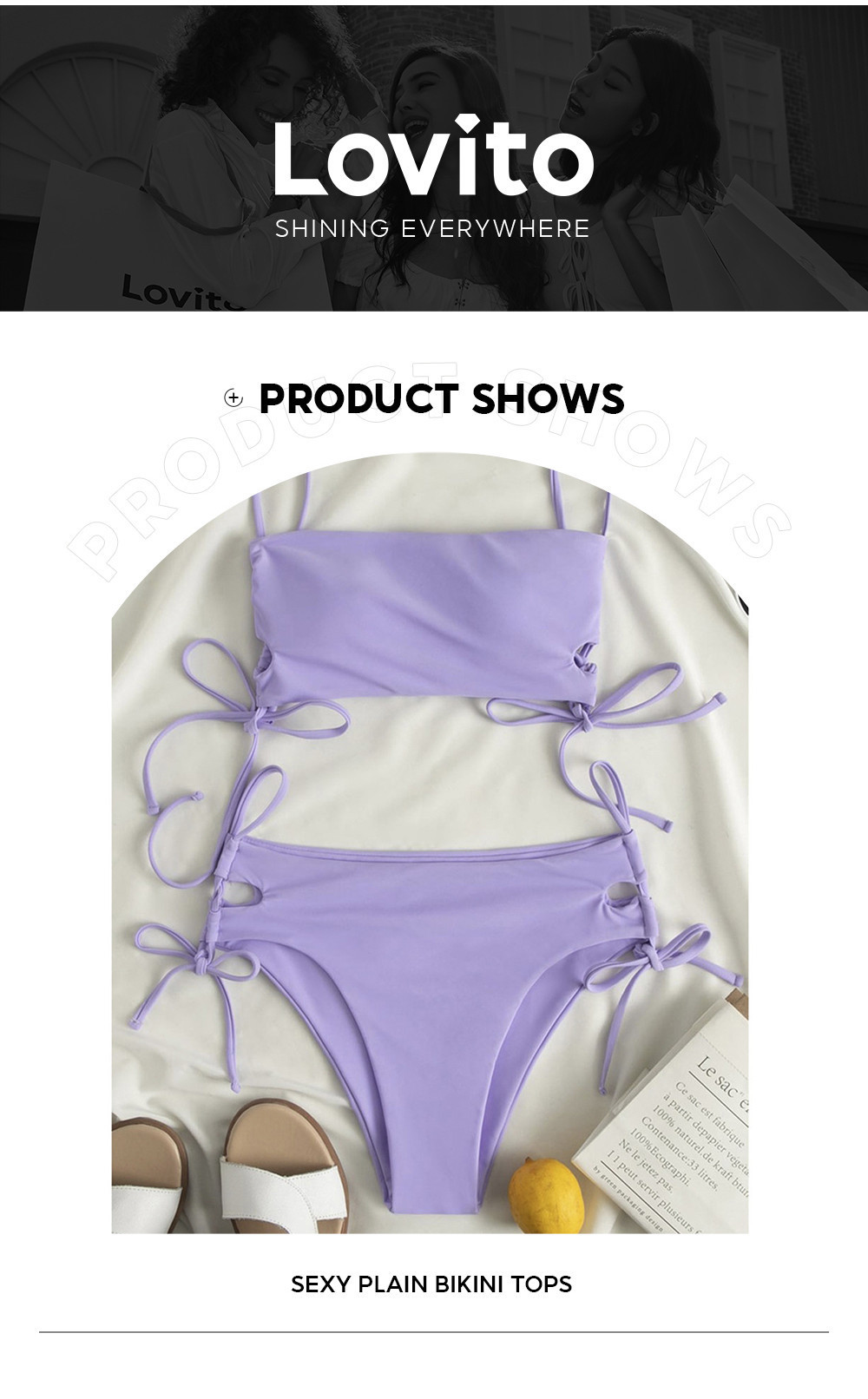 Lovito Sexy Plain Lace Up Drawstring Bikini Tops For Women LNL36161