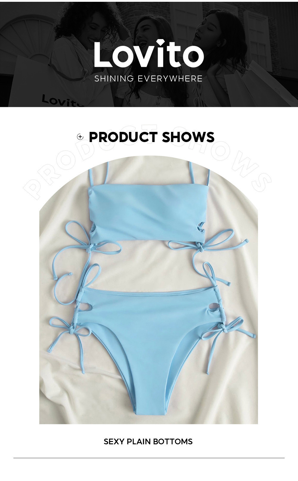 Lovito Sexy Plain Lace Up Drawstring Bikini Bottoms For Women LNL36162