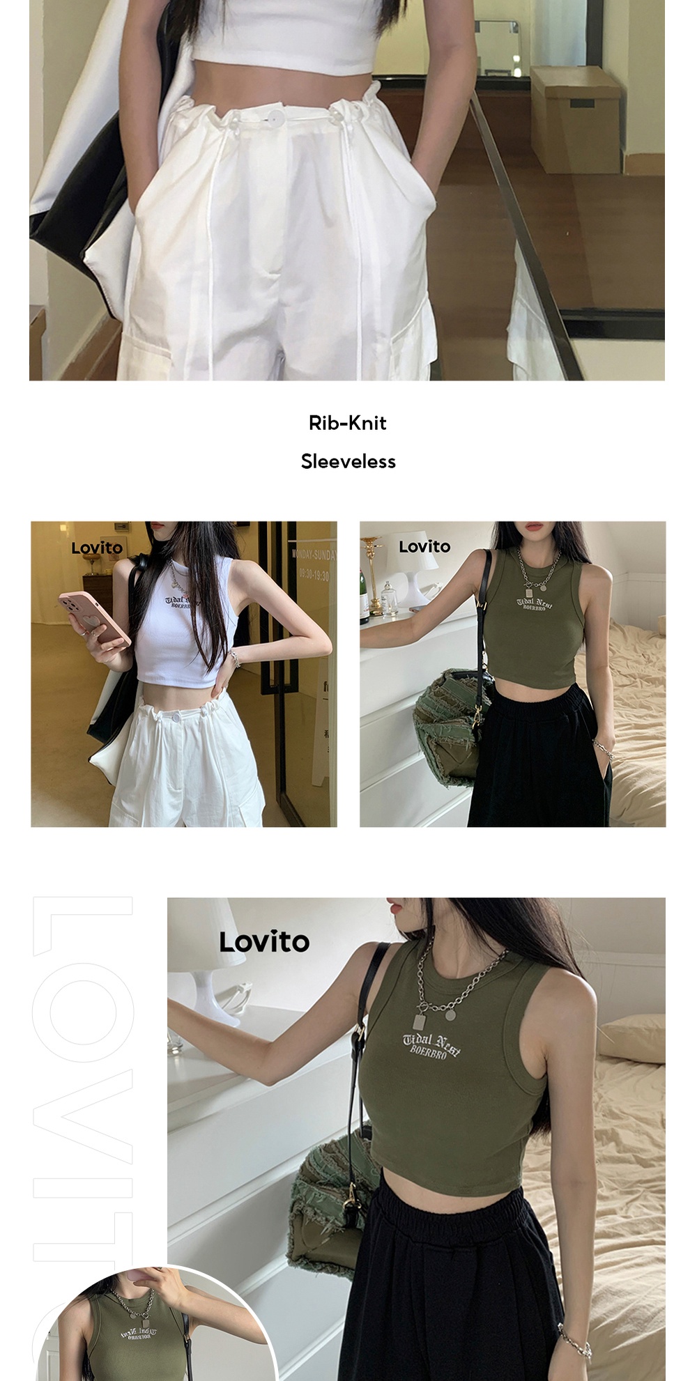 Lovito Casual Letter Pattern Rib Knit Sleeveless Tank Top For Women