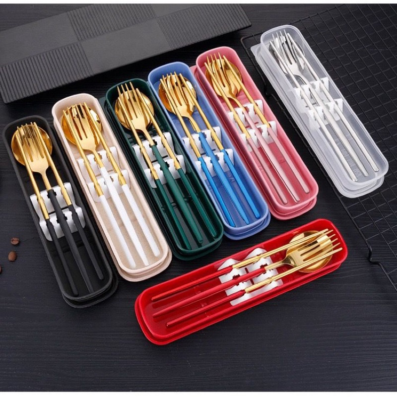 3 In 1 Stainless Steel Cutlery Set With Box Portable Spoon Fork